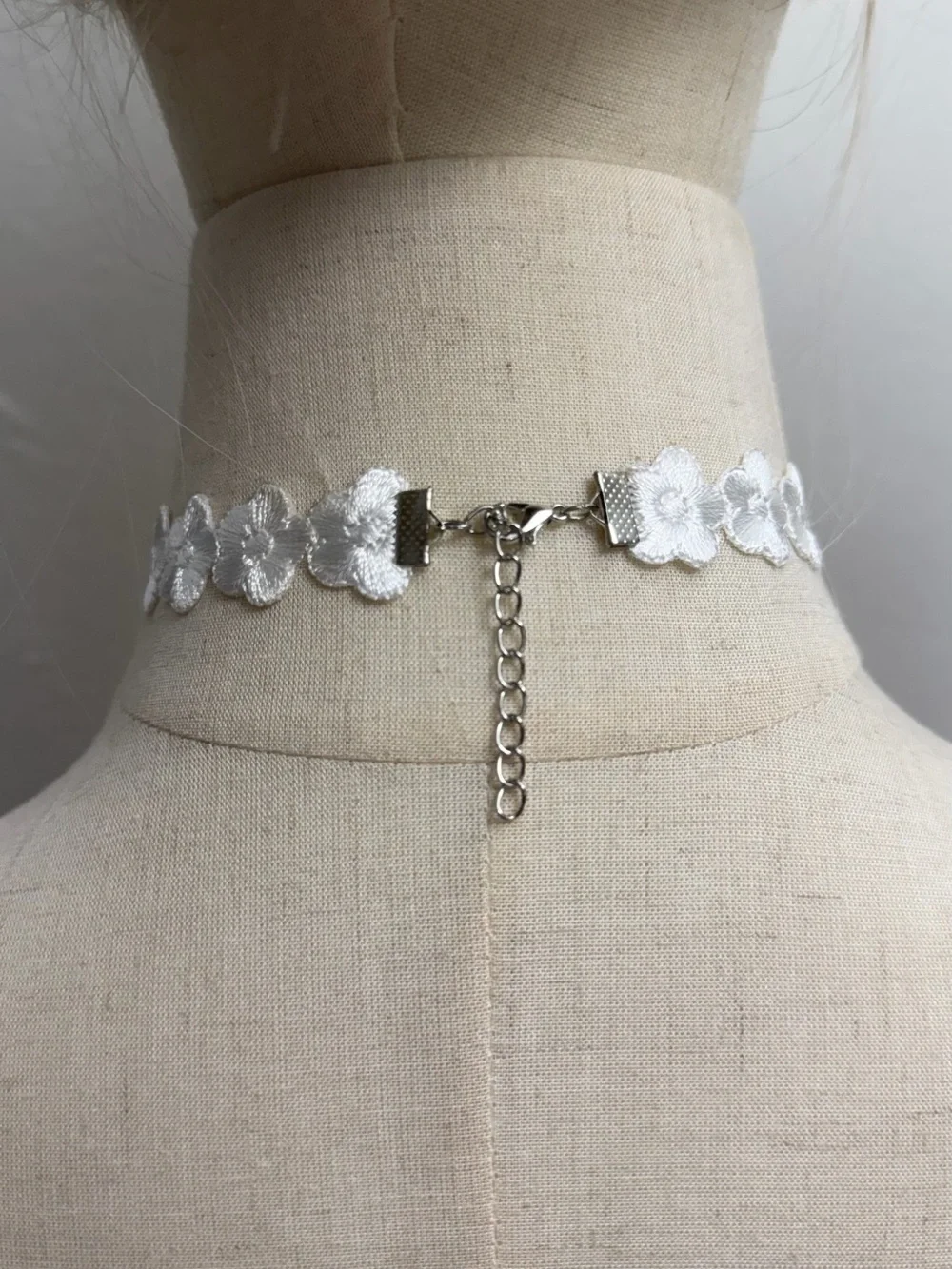 White Floral Choker Necklace Embroidered Flower Lace Coquette Adjustable